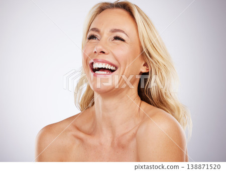 Antiaging, senior and woman beauty laughing, smile and happy for skincare isolated in a studio white background. Mature, old and female model with smooth, wrinkles glow on skin due to cosmetics Antiaging, senior and woman beauty laughing, smile and happy for skincare isolated in a studio white background. Mature, old and female model with smooth, wrinkles glow on skin due to cosmetics 138871520