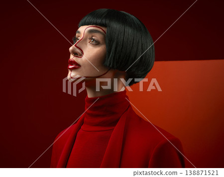 Woman, beauty and face art, red aesthetic and makeup with fashion and shine isolated on studio background. Female model, skin glow with bold cosmetics, young female model with glamour and creative Woman, beauty and face art, red aesthetic and makeup with fashion and shine isolated on studio background. Female model, skin glow with bold cosmetics, young female model with glamour and creative 138871521