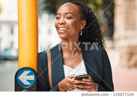 Happy black woman, phone and city on sidewalk for travel, social media or communication in Cape Town. African female person smile for traveling or networking on smartphone app by street traffic light Happy black woman, phone and city on sidewalk for travel, social media or communication in Cape Town. African female person smile for traveling or networking on smartphone app by street traffic light 138871526