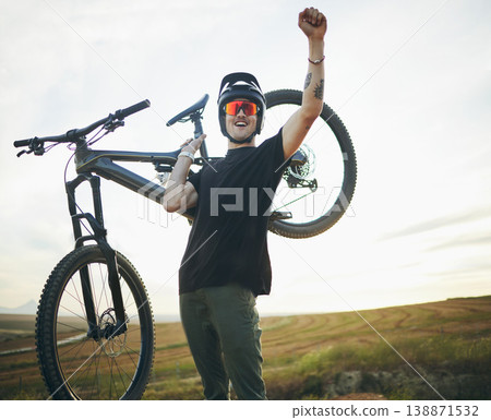 Mountain bike, man and celebrate success outdoor in nature for sports training or workout. Winner, fist and excited male person with bicycle for off road cycling, travel or adventure in countryside Mountain bike, man and celebrate success outdoor in nature for sports training or workout. Winner, fist and excited male person with bicycle for off road cycling, travel or adventure in countryside 138871532