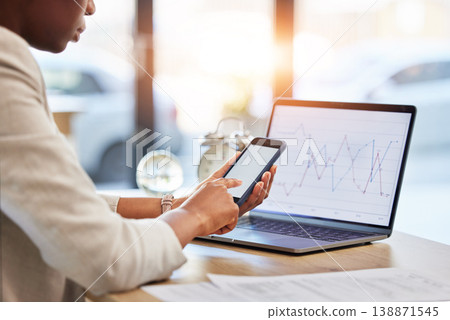 Laptop screen, phone and man for stock market, data analytics, lines and graphs in financial increase. Finance statistics, mobile analysis and entrepreneur or person on computer for business research Laptop screen, phone and man for stock market, data analytics, lines and graphs in financial increase. Finance statistics, mobile analysis and entrepreneur or person on computer for business research 138871545