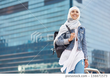 Smile, muslim and woman in city for travel, goal and future career against building background. Happy, islamic and girl student in New york for intern, program or experience with vision or mindset 138871573