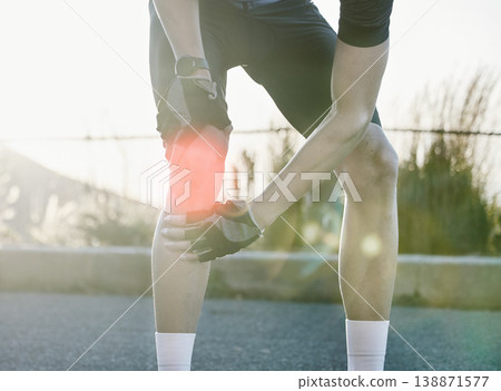 Man, knee and joint pain from cycling, sport and emergency with red glow overlay in countryside road. Athlete, accident and stress injury with arthritis, osteoporosis and hands for relief in street 138871577