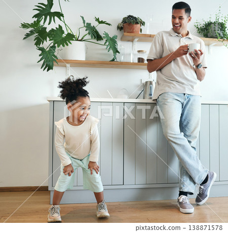 Dance, happy and father with child bonding, playing and laughing together in the morning. Comic, funny and carefree girl dancing with her dad for happiness, comedy and freedom in a home kitchen Dance, happy and father with child bonding, playing and laughing together in the morning. Comic, funny and carefree girl dancing with her dad for happiness, comedy and freedom in a home kitchen 138871578