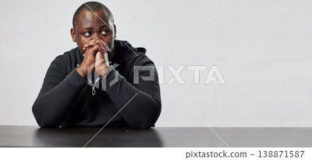 Stress, fear and criminal in handcuffs for prison or interrogation on mockup space banner for crime, fraud or arrest in justice. Black man, gangster prisoner and thief in jail for question or robbery Stress, fear and criminal in handcuffs for prison or interrogation on mockup space banner for crime, fraud or arrest in justice. Black man, gangster prisoner and thief in jail for question or robbery 138871587