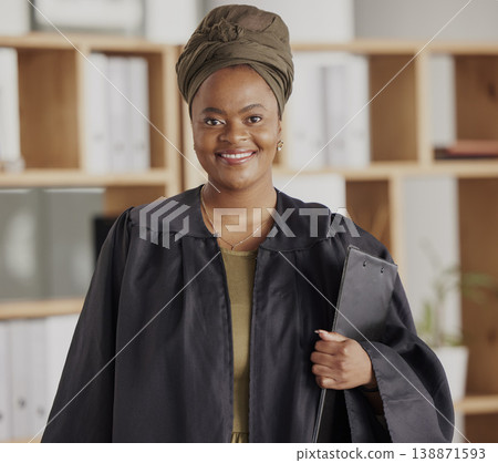 Happy, lawyer and black woman in portrait with confidence legal agency with empowerment. Smile, positive and african female attorney at company or law firm with pride as advocate for justice. Happy, lawyer and black woman in portrait with confidence legal agency with empowerment. Smile, positive and african female attorney at company or law firm with pride as advocate for justice. 138871593