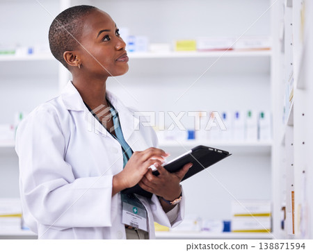 Black woman, pharmacist and tablet for inventory inspection or checking stock at the pharmacy. African female person in medical healthcare looking at shelf for pharmaceutical checklist on technology Black woman, pharmacist and tablet for inventory inspection or checking stock at the pharmacy. African female person in medical healthcare looking at shelf for pharmaceutical checklist on technology 138871594