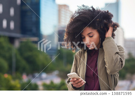 Black woman, phone and city with a young person with mobile connection outdoor. Social media, networking and digital scroll of a African female with mockup and blurred background reading a text 138871595