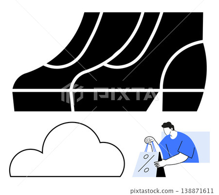Online retail, digital storage, data security, e-commerce, consumer behavior, modern marketing. Stylized shoes, a cloud and a person holding a shopping bag. Online retail and digital storage 138871611