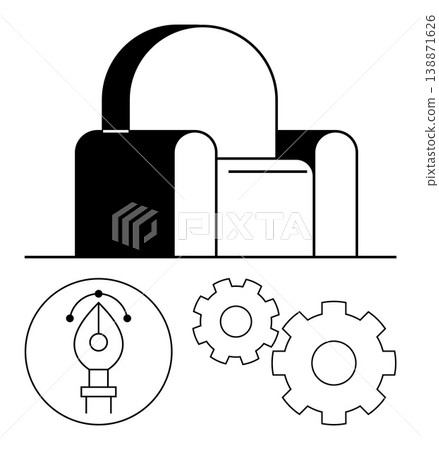 Cybersecurity, creative design, technology processes, data protection, digital tools, innovation solutions. A lock, gear icons and a pen tool. Cybersecurity and creative design concepts highlighted Cybersecurity, creative design, technology processes, data protection, digital tools, innovation solutions. A lock, gear icons and a pen tool. Cybersecurity and creative design concepts highlighted 138871626