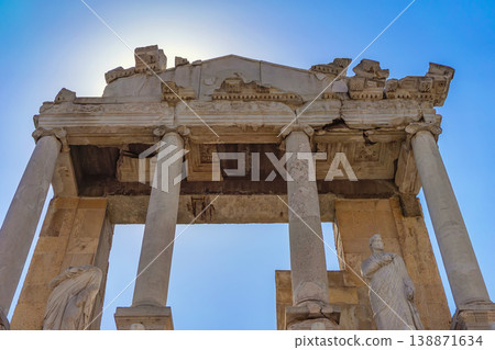 Roman theatre of Philippopolis, Plovdiv, Bulgaria. Plovdiv roman pillars with statues, stone facade at ancient theatre, classical architecture, historic ruins landmark. Archaeology architecture 138871634