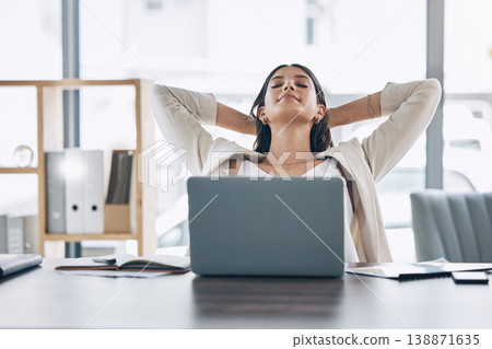 Happy woman stretching at office desk with health, muscle wellness and work life balance with laptop for career. Young business worker, employee or person relax and peace for project time management 138871635