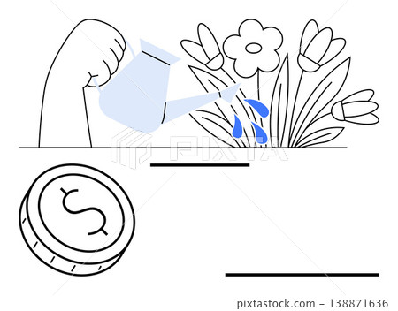 Investment growth, financial planning, sustainability, wealth management, eco-finance, economic strategy. A hand holds a watering can pouring water on flowers. Investment growth and financial 138871636