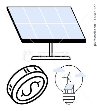 Energy savings, sustainable development, renewable resources, eco-friendly technology, financial growth, clean energy. Solar panel, dollar coin lightbulb with a wind turbine. Energy savings 138871646