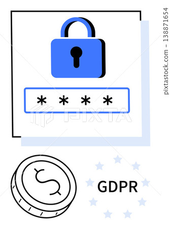 Data security, online privacy, GDPR compliance, cybersecurity, data protection, secure transactions. Lock icon, password field coin symbol GDPR text. Data security and online privacy concept Data security, online privacy, GDPR compliance, cybersecurity, data protection, secure transactions. Lock icon, password field coin symbol GDPR text. Data security and online privacy concept 138871654