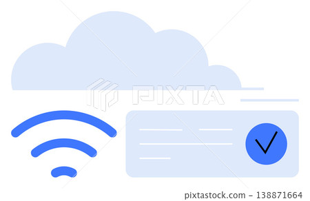 Cloud storage, online security, wireless data transfer, reliable internet, digital verification, authentication. Visual of a cloud, wireless icon and checkmark. Cloud storage and online security Cloud storage, online security, wireless data transfer, reliable internet, digital verification, authentication. Visual of a cloud, wireless icon and checkmark. Cloud storage and online security 138871664
