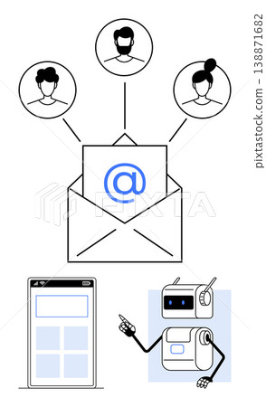 Digital communication, AI technology, user networking, email marketing, customer engagement, automation technology. Envelope with users, robot assistant mobile interface. Digital communication Digital communication, AI technology, user networking, email marketing, customer engagement, automation technology. Envelope with users, robot assistant mobile interface. Digital communication 138871682