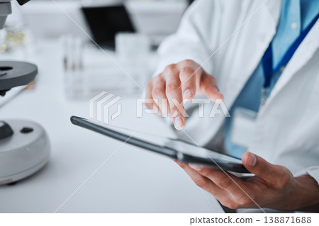 Hospital, doctor and hands with tablet for research, medical innovation and working. Clinic, typing and chemistry analysis with professional and lab worker with tech for laboratory science and data Hospital, doctor and hands with tablet for research, medical innovation and working. Clinic, typing and chemistry analysis with professional and lab worker with tech for laboratory science and data 138871688