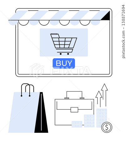 E-commerce, online shopping, digital marketing, consumer behavior, retail growth, financial trends. Shopping cart icon with buy button, shopping bag and briefcase. E-commerce and online shopping E-commerce, online shopping, digital marketing, consumer behavior, retail growth, financial trends. Shopping cart icon with buy button, shopping bag and briefcase. E-commerce and online shopping 138871694