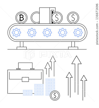 Blockchain technology, financial growth, cryptocurrency trading, digital economy, fintech, investment trends. Coin production process and rising arrows. Cryptocurrency trading and financial growth 138871696