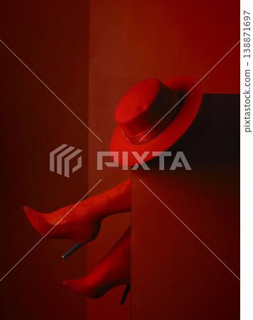Red heels, hat and feet in studio, sexy and aesthetic for retro couture design, luxury clothes or mystery by background. Stiletto shoes, fedora and relax with high fashion, elegance and vintage style Red heels, hat and feet in studio, sexy and aesthetic for retro couture design, luxury clothes or mystery by background. Stiletto shoes, fedora and relax with high fashion, elegance and vintage style 138871697