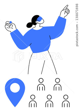 Business networking, location services, leadership, teamwork, group coordination, community building. Woman gesturing with a pinpoint icon and a group of people. Business networking and location Business networking, location services, leadership, teamwork, group coordination, community building. Woman gesturing with a pinpoint icon and a group of people. Business networking and location 138871698