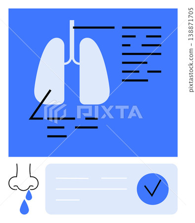 Healthcare, allergies, respiratory health, medical education, diagnostics, prevention. Diagram showing lungs, nasal droplets and checkmark. Respiratory health and allergies concept 138871705