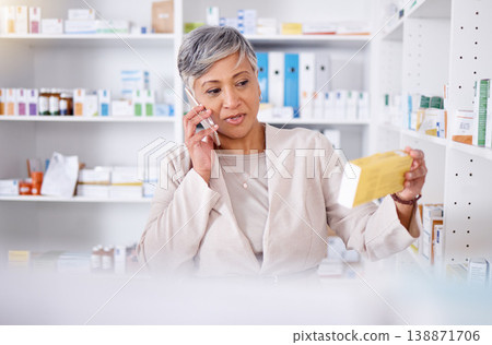 Phone call, woman in pharmacy with box of medicine, consulting for healthcare product information. Telehealth, pharmaceutical advice and senior person with decision, choice and cellphone consultation 138871706