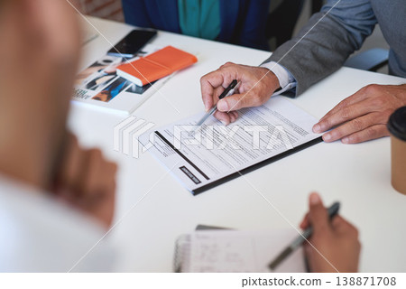 Contract, documents and business people hands with paperwork for legal advice, law firm strategy and negotiation. Policy, agreement and corporate lawyer or clients in b2b collaboration or partnership 138871708