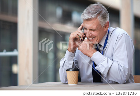 Phone call, business man and laughing in city, street or town while talking with contact. Technology, comic and happy senior male entrepreneur with 5g mobile smartphone laugh at funny joke or comedy. 138871730