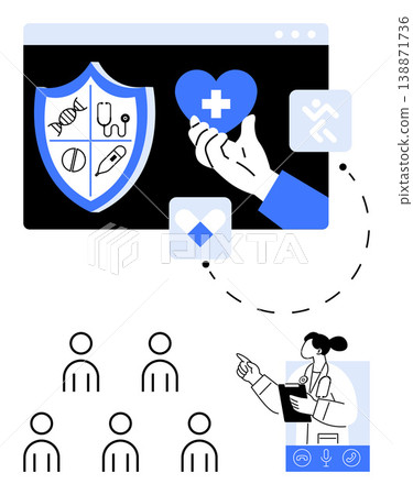 Telemedicine, health services, online consultations, data security, patient care, digital connectivity. Medical shield, hand with heart symbol healthcare provider on device screen. Telemedicine Telemedicine, health services, online consultations, data security, patient care, digital connectivity. Medical shield, hand with heart symbol healthcare provider on device screen. Telemedicine 138871736