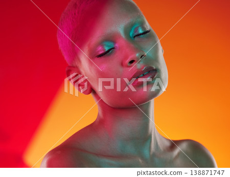 Skincare, makeup and woman with neon lights, beauty and wellness on studio background. Female, lady and cosmetics with vibrant face paint, creative and organic facial with confidence and backdrop Skincare, makeup and woman with neon lights, beauty and wellness on studio background. Female, lady and cosmetics with vibrant face paint, creative and organic facial with confidence and backdrop 138871747