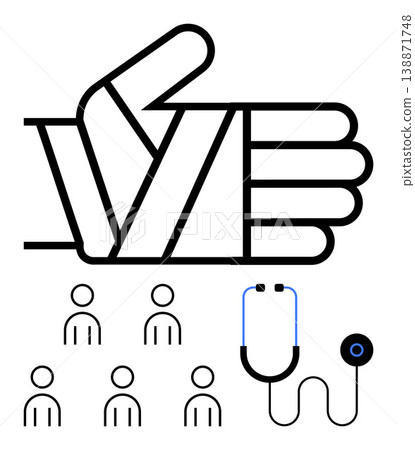 Healthcare, medical support, injury treatment, patient care, teamwork, medical diagnosis. A bandaged hand, stethoscope and human icons. Healthcare and medical support focus for injuries and care Healthcare, medical support, injury treatment, patient care, teamwork, medical diagnosis. A bandaged hand, stethoscope and human icons. Healthcare and medical support focus for injuries and care 138871748