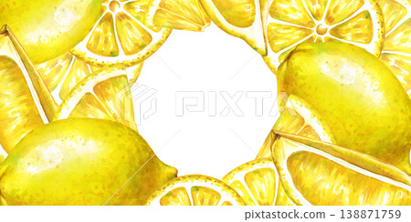 Watercolor lemon fruit horizontal frame with whole lemons and juicy slices Watercolor lemon fruit horizontal frame with whole lemons and juicy slices 138871759