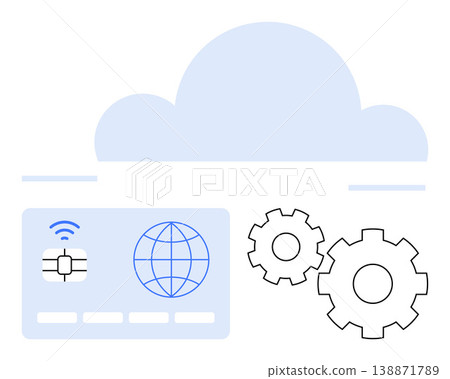 Cloud technology, online security, data integration, system optimization, digital payments, global connectivity. Design features cloud icon, smart card with chip, gears and internet globe icon Cloud technology, online security, data integration, system optimization, digital payments, global connectivity. Design features cloud icon, smart card with chip, gears and internet globe icon 138871789