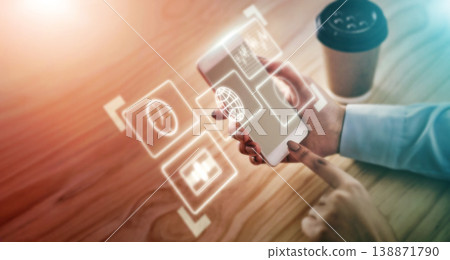 Phone app hologram, erp icon application overlay and business woman hands and digital data. Media application, mobile software and futuristic ai graphic for cloud computing and user networking Phone app hologram, erp icon application overlay and business woman hands and digital data. Media application, mobile software and futuristic ai graphic for cloud computing and user networking 138871790