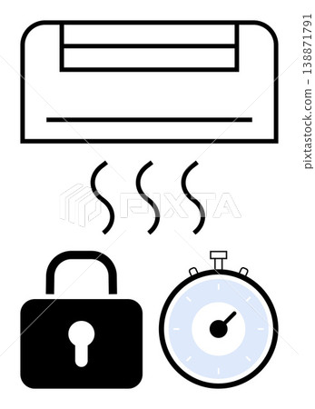 Home automation, climate control, security, time management, energy efficiency, technology. Symbols of air conditioning, lock and stopwatch. Climate control and home automation concepts Home automation, climate control, security, time management, energy efficiency, technology. Symbols of air conditioning, lock and stopwatch. Climate control and home automation concepts 138871791