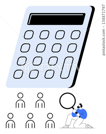 Human resource management, recruitment, data analysis, job market trends, decision-making, talent search. Large calculator with figures and person holding a magnifying glass. Recruitment and data Human resource management, recruitment, data analysis, job market trends, decision-making, talent search. Large calculator with figures and person holding a magnifying glass. Recruitment and data 138871797