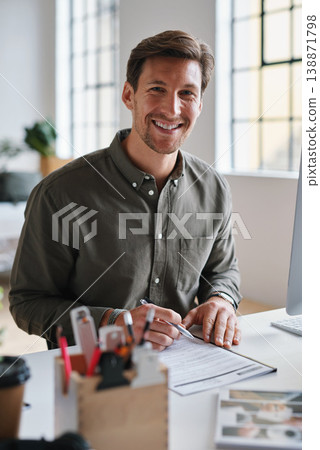Business man, portrait and contract signing of a worker at an office desk with employee deal. Paperwork, document and planning web worker with b2b agreement feeling happy with work survey and ideas 138871798