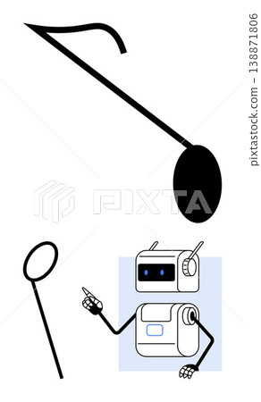 Music, technology, robotics, art design, creativity, communication. A robot with antennas pointing at a musical note with abstract elements. Music and technology concept creative design 138871806