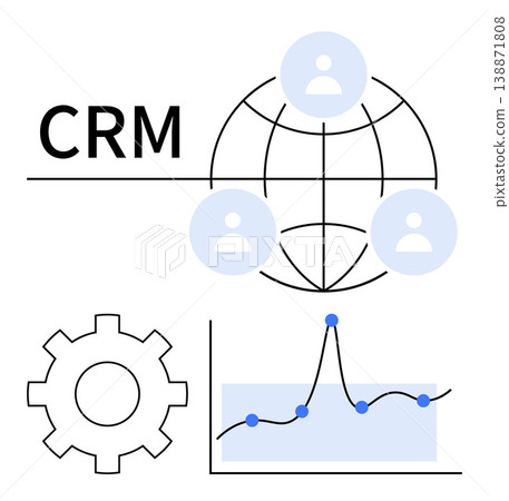 Customer relationship management, business operations, data analysis, user connection, technology solutions, teamwork. CRM text, globe with user icons gear and analytics graph. Customer Customer relationship management, business operations, data analysis, user connection, technology solutions, teamwork. CRM text, globe with user icons gear and analytics graph. Customer 138871808