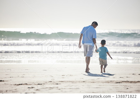 Beach, holding hands and father and child walking for outdoor wellness, freedom and fresh air on Brazil vacation. Ocean sea water, mockup and back of family, dad and young kid bonding on travel Beach, holding hands and father and child walking for outdoor wellness, freedom and fresh air on Brazil vacation. Ocean sea water, mockup and back of family, dad and young kid bonding on travel 138871822