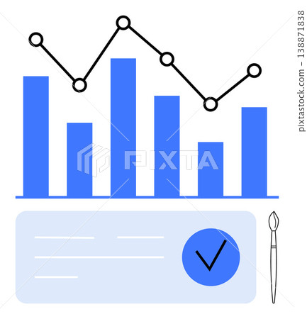 Data analysis, business monitoring, financial trends, performance review, design tools, project management. Bar graph and line chart above an interface with a checkmark and pen. Data analysis 138871838