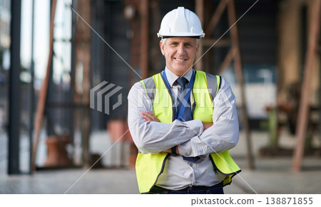 Portrait of senior engineer man at a construction site outdoor for building project management. Face of happy contractor person with helmet for civil engineering, safety and development with vision 138871855