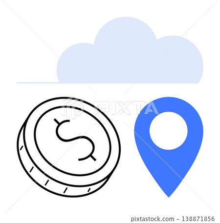 Fintech, cloud storage, location tracking, digital payments, online business, modern technology. Simple icons of cloud, coin and map pin. Fintech and cloud storage concept 138871856