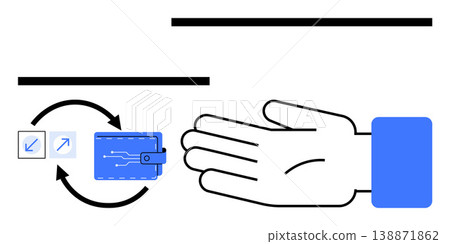 Online banking, digital payments, e-commerce, fintech, financial management, currency transfer. A hand with a digital wallet and arrows showing transaction flow. Online banking and digital payments 138871862