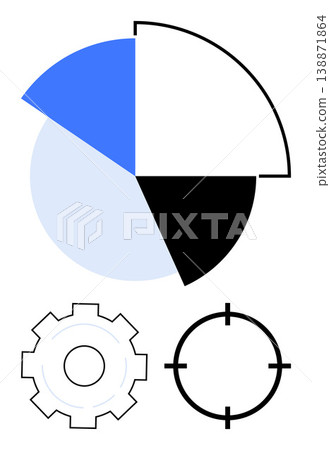 Business analytics, data extraction, process optimization, strategy planning, marketing goals, segmentation concepts. Abstract pie chart, gear and crosshair symbols. Data analysis and optimization 138871864