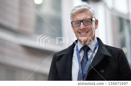 Portrait, smile and business man in city with vision, mission and success mindset. Ceo, boss and happy, confident and proud senior male entrepreneur from Canada in urban street, outdoors or town. 138871897