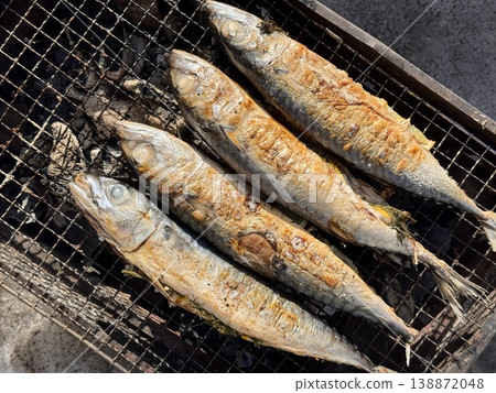 the process of roasting juicy and spiced fresh mackerel on a grill in the fresh air in the park, mackerel on coals on a grill recipe. Photo the process of roasting juicy and spiced fresh mackerel on a grill in the fresh air in the park, mackerel on coals on a grill recipe. Photo 138872048