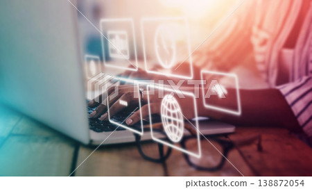 Laptop, overlay and icon with a woman in an internet cafe doing a search for global or financial data. Computer, app or stock market with a person working on information research in a coffee shop Laptop, overlay and icon with a woman in an internet cafe doing a search for global or financial data. Computer, app or stock market with a person working on information research in a coffee shop 138872054